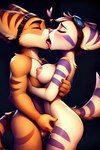 anthro balls blush bodily_fluids breasts duo eyes_closed eyewear eyewear_on_head female fingering fingering_partner french_kissing fur genital_fluids genitals goggles goggles_on_head hair hugging kissing male male/female nipples nude ratchet_and_clank sex striped_body stripes tongue white_body trainertaiko ratchet rivet_(ratchet_and_clank) lombax mammal absurd_res hi_res