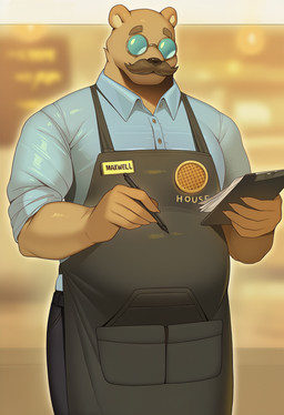 anthro black_bottomwear black_clothing black_pants blue_clothing blue_shirt blue_topwear bottomwear brown_body brown_fur brown_hair clothing dress_pants dress_shirt eyewear facial_hair fur glasses hair male mustache pants pen round_glasses shirt solo sunglasses topwear waffle_house waiter professor_holly_(director) mammal ursid hi_res