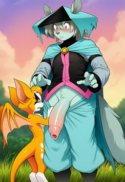 anthro asian_clothing big_penis blue_body blue_eyes blue_fur blush bottomwear bottomwear_down bottomwear_pull clothed clothing clothing_pull cloud cloudy duo east_asian_clothing female foreskin foreskin_overhang forest fur genitals green_eyes half-erect hat headgear headwear humanoid_genitalia humanoid_penis long_foreskin looking_down male male/female membrane_(anatomy) membranous_wings orange_body orange_fur outside pants pants_pull penis plant size_difference sky tail tree tuft unretracted_foreskin vein veiny_penis wings boxen549 dust:_an_elysian_tail dust_(elysian_tail) fidget_(elysian_tail) bat canid canine canis mammal nimbat wolf hi_res novelai