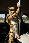 anthro balls bound car eyewear flaccid foreskin genitals glasses goggles humanoid_genitalia humanoid_penis inside_vehicle looking_at_viewer male nude penis pole solo standing vehicle wrists_tied carnivalecloudmuncher cheetah felid feline mammal hi_res