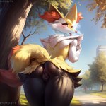 anthro anus blush bodily_fluids braixen breasts breath butt canid canine female fox generation_6_pokemon genital_fluids genitals in_heat mammal nude panting park plant pokemon_(species) pokemorph presenting presenting_hindquarters pussy pussy_juice rear_view solo stufferman tongue tongue_out tree