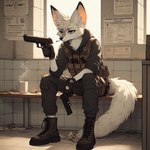 anthro bench black_clothing boots cigarette clothing coffee_cup container cup dall-e_3 detailed_background floor footwear fur grey_eyes gun handgun holding_gun holding_object holding_weapon inside male pistol ranged_weapon sitting smoking solo tactical_gear tile tile_floor weapon white_body white_fur lucifluffy wilek canid canine fennec fox mammal