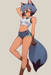 anthro bottomwear breasts clothing crop_top female long_legs medium_breasts pose shirt shorts solo standing topwear foxlover7796 michiru_kagemori canid canine mammal raccoon_dog tanuki hi_res