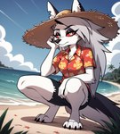 aloha_shirt anthro beach bored bottomwear clothing cloud crouching female hat head_on_hand headgear headwear looking_at_viewer pattern_clothing pattern_shirt pattern_topwear sand sea seaside shirt shorts sky solo straw_hat topwear water rulethony34tano_(director) helluva_boss loona_(helluva_boss) hi_res