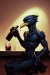 alcohol anthro beak beverage bottle feathers holding_bottle holding_object male slim_body tail_feathers birdovo drinky_crow avian bird corvid corvus_(genus) crow oscine passerine absurd_res hi_res