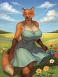 5_fingers anthro big_breasts black_nose blue_sky breasts brown_body brown_fur claws cleavage clothed clothing cloud countershading day detailed_background dipstick_tail dress eyelashes eyes_closed fangs female field finger_claws fingers flower flower_field fur gloves_(marking) grass green_clothing happy huge_breasts inner_ear_fluff markings meadow multicolored_body multicolored_fur open_mouth open_smile orange_body orange_fur outside plant sky smile solo sundress tail_markings tan_body tan_fur teeth tongue tuft walking white_body white_fur unknown_director canid canine fox mammal red_fox hi_res