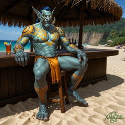 4_toes 5_fingers abs bar beach beach_background beverage blizzard_entertainment blue_body blue_hair bodypaint bottomwear clothing cocktail_glass container cup drinking_glass ear_piercing face_paint feet fingers glass glass_container glass_cup glowing glowing_eyes golden_eyes grey_body hair humanoid_pointy_ears jewellery jewelry loincloth long_ears looking_at_viewer male markings muscular muscular_arms muscular_male piercing ponytail sand seaside sitting solo tattoo thatched_roof toes tribal tribal_jewelry tribal_markings tribal_tattoo tusks zandalari xal-zul_(director) warcraft humanoid troll zandalari_troll