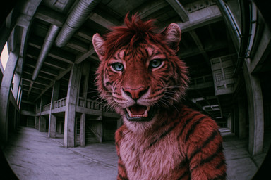 anthro brutalist_architecture fisheye_lens fur grey_eyes hair inside male messy_hair no_sclera open_mouth orange_body orange_fur pupils realistic red_hair shirtless short_hair slit_pupils solo teeth 7oxytron felid mammal pantherine tiger bust_portrait grey_theme portrait