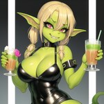 beverage bracelet braided_hair breasts choker cleavage clothed clothing female genny goblin grin hair holding_beverage holding_object humanoid jewelry latex looking_at_viewer mammal narrowed_eyes naughty_face navel_outline necklace not_furry open_mouth open_smile pigtails pinup pose seductive sharp_teeth skimpy smile smirk solo teeth tight_clothing