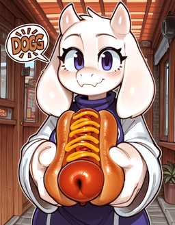 anthro blue_eyes blush clothing detailed_background female floppy_ears food fur horn hot_dog plant robe smile smiling_at_viewer solo speech_bubble text white_body white_fur anonymous_director undertale_(series) toriel bovid caprine mammal english_text hi_res