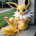 anus black_eyes blush bodily_fluids clitoral_hood clothing concrete costume female feral fur fursuit genital_fluids genitals grass outdoors pawpads paws photorealistic plant presenting presenting_pussy pussy pussy_juice realistic_fur solo solo_focus yellow_body yellow_fur motoraver eeveelution generation_1_pokemon jolteon pokemon_(species)