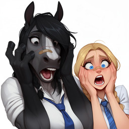 anthro band-aid bandage biped blue_eyes clothing duo female grey_eyes hair necktie ponytail raised_arms scar school_uniform shocked teeth tongue uniform anonymous_director invoke_high equid equine human mammal 1:1 hi_res
