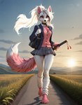 anthro bag black_choker black_jewelry black_necklace blazer bottomwear chest_tuft choker clothing female holding_object holding_weapon jewelry katana landscape melee_weapon necklace pink_eyes pink_feet pink_inner_ear pink_tail road shirt skirt solo sword topwear tuft vest walking weapon white_body djar17 yoki_j_(yj) canid canine fox mammal absurd_res hi_res