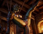 anthro argonian bdsm bodily_fluids bondage bound breasts female genital_fluids genitals green_body green_scales hi_res inside lichking127 looking_at_viewer medieval multicolored_body nipples nude prompt_metainfo pussy pussy_juice rope scales scalie sharp_teeth solo spread_legs spreading suspension suspension_bondage tavern teeth tongue tongue_out white_body yellow_eyes