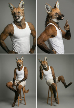 anthro black_body black_fur black_lips bottomwear brown_eyes chair clothed clothing detailed_fur ear_piercing ear_ring eyes_closed fangs front_view fur furniture gesture grin grinning_at_viewer laughing lips looking_at_viewer male multicolored_body multicolored_fur on_chair orange_body orange_fur pawpads paws photo_shoot photorealism piercing pointing pointing_at_viewer pose realistic realistic_fur realistic_lighting ring_piercing shirt shorts side_view simple_background sitting sitting_on_chair smile smiling_at_viewer solo standing stool studio tank_top teeth topwear white_body white_fur delken canid canine mammal maned_wolf absurd_res detailed hi_res