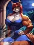 absurd_res anthro canid canine clothing commissioned commissioned_art dress female fox genitals green_eyes hair hi_res k3ved mammal muscular muscular_female red_hair solo