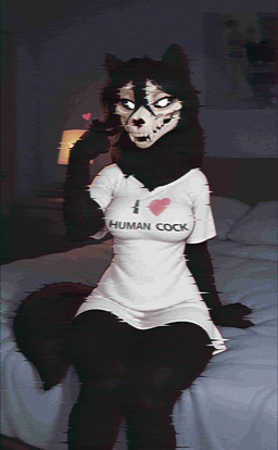 <3 anthro bed bed_sheet bedding bedroom bedroom_eyes big_breasts black_body black_fur black_hair black_sclera blurred_background bone bottomless breasts chromatic_aberration clothed clothing curvy_figure door drawers eyelashes fangs female fur furniture glitch hair hair_between_eyes human_fetish inside lamp legs_together long_eyelashes long_hair looking_at_viewer narrowed_eyes nightstand on_bed pillow poster print_clothing seductive sharp_teeth shirt sitting sitting_on_bed skull skull_head solo tail teeth text text_on_clothing text_on_shirt text_on_topwear thick_eyelashes thick_thighs topwear touching_hair twirling_hair white_clothing white_eyes white_shirt white_topwear wide_hips wolf_ears wolf_tail joe420 scp_foundation scp-1471-a canid canine canis mammal monster wolf 2026 absurd_res alternate_version_at_source english_text hi_res portrait prompt prompt_metainfo three-quarter_portrait