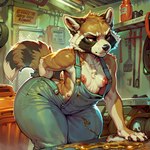 anthro big_butt breasts butt clothing crossgender female huge_butt hyper_hips mechanic multi_nipple multicolored_body nipple_slip nipples overalls rule63 small_breasts solo thick_thighs doggyai guardians_of_the_galaxy rocket_raccoon mammal procyonid raccoon absurd_res hi_res