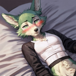 anthro black_nose blush chest_tuft clothing crop_top detailed_lighting fur green_eyes grey_body grey_fur looking_at_viewer lying male on_back shirt solo tan_body tan_fur topwear tuft young_adult feralfresh beastars legoshi_(beastars) canid canine canis mammal wolf hi_res