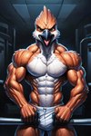 abs anthro athletic beak biceps big_deltoids bodily_fluids bottomwear clothing deltoids exercise feathers gym male muscular muscular_anthro muscular_male navel neck_muscles pecs ripped_muscles screaming shorts solo sweat training triceps veiny_muscles workout birdovo avian bird falcon falconid hi_res