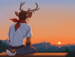 anthro antlers bench clothing evening evergreen_tree horn male mountains pine_tree plant rear_view scar shirt sitting solo sun sunset topwear tree gilkardex gil_(gilkardex) cervid mammal absurd_res hi_res