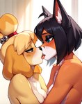 ahoge anthro bell big_ears black_ears black_hair black_nose blue_eyes blush blush_lines bodily_fluids breasts brown_eyes chest_tuft duo embrace eye_contact female female/female french_kissing fur goth hair hug inner_ear_fluff kissing looking_at_another looking_at_partner markings orange_body orange_fur saliva saliva_on_tongue simple_background tongue tuft white_body white_fur white_inner_ear_fluff yellow_body yellow_fur kekened996 isabelle_(animal_crossing) keke_(kekened996) canid canine canis domestic_dog fox mammal absurd_res hi_res