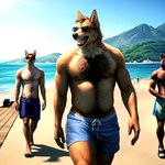 anthro areola beach bottomwear canid canine clothed clothing eyewear group hi_res male mammal mountains nipples outdoors outside plant public pup_tobey seaside shirtless shorts summer sunglasses topless tree walking