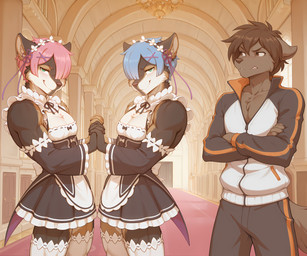 anthro black_nose blue_hair breasts brown_body brown_eyes brown_fur brown_hair clothed clothing crossed_arms duo female fur green_eyes group hair looking_at_viewer maid_uniform male muscular pink_hair smile standing tomboy uniform anontk twokinds natsuki_subaru ram_(re:zero) rem_(re:zero) remus_(twokinds) romulus_(twokinds) zen_(twokinds) canid canine canis felid mammal wolf hi_res