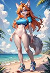 anthro beach bottomless clothed clothing female footwear genitals looking_at_viewer pussy sand seaside shoes smile sneakers solo topwear walking denis0k canid canine canis mammal wolf absurd_res hi_res