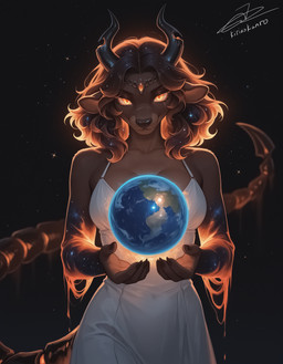 anthro black_hair breasts clothed clothing dress earth female fingers fur giga hair horn kittydee looking_at_viewer macro orange_eyes planet solo space kirinokanro arachnid arthropod bovid bovine cattle demon hybrid mammal scorpion alpha_channel hi_res
