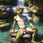 anthro balls biped countershade_face countershade_torso countershading feet fingers flower genitals green_body lily_pad male open_mouth open_smile partially_submerged penis plant smile solo toes water logically amphibian frog hi_res