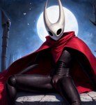 andromorph anthro black_body black_eyes bodily_fluids cloak clothing exoskeleton fecharis genital_fluids genitals hollow_knight horn intersex moon pussy pussy_juice sitting solo team_cherry aor hornet_(hollow_knight) animal_humanoid arthropod arthropod_humanoid humanoid insect insect_humanoid hi_res