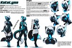 android anthro bioluminescense black_body black_fur blue_body blue_fur breasts cleavage clothed clothing dress featureless_breasts featureless_crotch felid feline female fur glowing glowing_eyes glowing_markings hair halfcerberus hi_res holding_breast katelynn long_tongue machine mammal markings model_sheet prehensile_tongue robot solo text tongue white_clothing white_dress white_hair