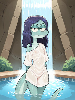 anthro baggy_clothing black_eyes blue_hair bottomless breasts clothed clothing colored_skin female genitals hair half-closed_eyes looking_at_viewer narrowed_eyes nipples pool pussy solo tail waterfall wet wet_clothing wet_hair tohot2pimp amphibia_(series) lady_olivia amphibian newt salamander_(amphibian) hi_res