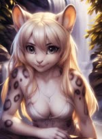 anthro bikini blonde_hair breasts clothing female fur hair long_hair looking_at_viewer medium_breasts smile smiling_at_viewer solo solo_focus swimwear waterfall magacitl felid mammal pantherine snow_leopard animated webm