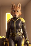 anthro bedroom canid canine clothed clothing diane_foxington female fox fully_clothed gloves handwear hi_res jumpsuit looking_at_viewer mammal photorealism solo