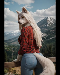 anthro bottomwear clothed clothing denim denim_clothing female flannel fur hair jeans long_hair nature pants solo white_body white_fur white_hair yellow_eyes cattorihanzo canid canine canis mammal wolf animated hi_res short_playtime webm