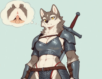 abs anthro anthro_penetrated anus armor black_nose breasts duo female fur grey_body grey_fur human_on_anthro human_penetrating human_penetrating_anthro inner_ear_fluff interspecies leather_straps looking_at_viewer looking_down_at_viewer male male/female melee_weapon metal_armor navel pale_skin penetration penile penile_penetration penis_in_pussy sex simple_background sword thought_bubble tuft vaginal vaginal_penetration weapon white_body white_fur yellow_eyes verbotenvertex canid canine canis human mammal wolf hi_res