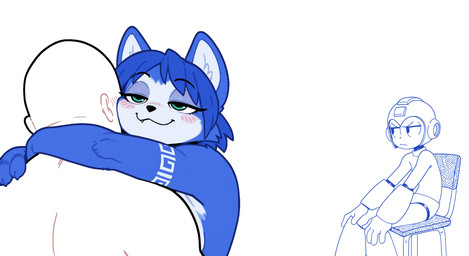 annoyed anthro armor blush chair clothing crossover duo embrace female furniture group headgear helmet hug human_on_anthro interspecies machine male markings narrowed_eyes on_chair simple_background sitting sitting_on_chair smile toony tribal tribal_markings anonymous_director capcom mega_man_(series) nintendo star_fox krystal_(star_fox) mega_man_(character) canid canine fox human mammal robot hi_res
