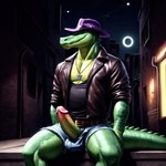 absurd_res alligator alligatorid anthro bottomwear brok clothing crocodilian denim denim_clothing exhibitionism fedora genitals hat headgear headwear hi_res jewelry leather male necklace penis penis_through_fly poking_out public public_nudity pup_tobey reptile scalie shorts solo