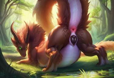 animal_genitalia animal_pussy anus ass_up brown_body brown_fur brown_mane canine_genitalia canine_pussy feathering female feral forest forest_background fur genitals glowing glowing_eyes grass green_eyes horn long_tail looking_at_viewer looking_back looking_back_at_viewer mane mythology nature nature_background plant pond pussy raised_tail rear_view ridged_horn scales slightly_chubby smile solo spread_legs spreading thick_tail tree white_body white_scales polar_(director) dragon furred_dragon mythological_creature mythological_scalie scalie western_dragon wingless_dragon