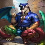 anthro baton bulge clothing crouching discord_(mlp) karoonite looking_at_viewer male muscular muscular_male necktie outside police_uniform solo thick_thighs uniform