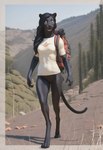 anthro backpack black_body black_fur black_hair bottomless clothed clothing digitigrade female forest fur golden_eyes hair hiking hill long_hair mountains path plant shirt solo topwear tree walking director_crashbandit felid mammal pantherine hi_res novelai