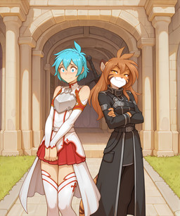 anthro blue_eyes blue_hair blush bottomwear brown_hair clothed clothing countershading crossdressing detailed_background duo embarrassed female fur hair male melee_weapon nervous orange_body orange_fur outside skirt smile stripes weapon white_body anontk twokinds asuna_yuuki flora_(twokinds) kazuto_kirigaya trace_legacy felid human keidran mammal pantherine tiger 2018 2019 hi_res