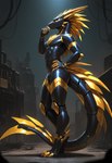 anthro black_body drachenviech gold_markings industrial machine male markings mythology side_view solo standing tail thinking thinking_pose dragon mechanical_dragon mythological_creature mythological_scalie scalie absurd_res full-length_portrait hi_res portrait