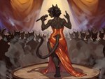 anthro audience black_body black_fur clothed clothing concert crowd curtains domestic_cat dress felid feline felis female fur gauss group hi_res inside looking_away mammal microphone rear_view red_clothing silhouette smoke solo_focus stage wood_floor