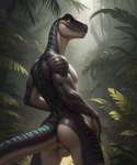 anthro anus backsack balls bared_teeth black_body black_scales day detailed_background genitals hands_on_hips jungle light male nipples plant pose scales smug_face solo stripes sunlight white_body yellow_eyes jackson_maxston_(director) dinosaur reptile scalie hi_res