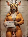 anthro antlers balls blonde_hair blue_eyes blush breasts clothed clothing flaccid genitals gynomorph hair holding_object horn intersex jumpsuit looking_at_viewer mugshot nipple_outline onesie open_clothing penis prison_uniform saggy_balls solo zipper gemuseachmed cervid mammal absurd_res hi_res signature