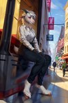 absurd_res anthro bottomwear bovid caprine clothed clothing detailed_background female fur furryrock_(model) game0ne goat hi_res horn long_ears mammal outside pants shirt solo stable_diffusion street suit topwear