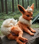 animal_genitalia animal_pussy anus canine_genitalia evolution_(transformation) female feral forest fur genitals hyperrealistic lying lying_on_side on_front orange_body orange_fur pawpads paws plant pokemon pussy red_eyes solo transformation tree white_body white_fur orangekitsune canid canine eeveelution flareon generation_1_pokemon mammal pokemon_(species) absurd_res hi_res